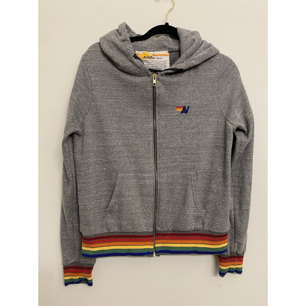 Aviator Nation Rainbow Full Zip Hoodie Sz Women’s S Heather Gray Fleece Lined